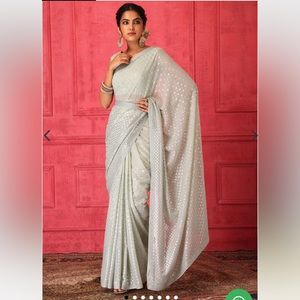 NWT Light Green And Silver Embroidered Saree Set With Stitched Blouse And Belt